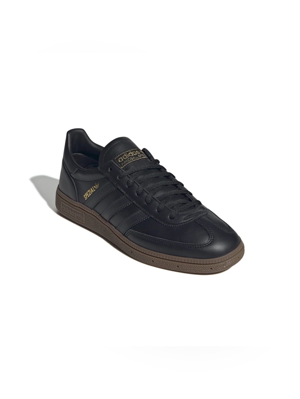 adidas Black Leather Spezial Sneaker with Brown Gum Sole and Gold Accents